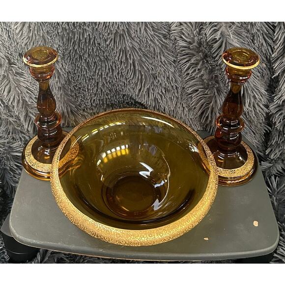 Tiffin Bowl and Candlestick Set Amber Glass Engraved Floral Gold Encrusted MCM - Picture 1 of 8